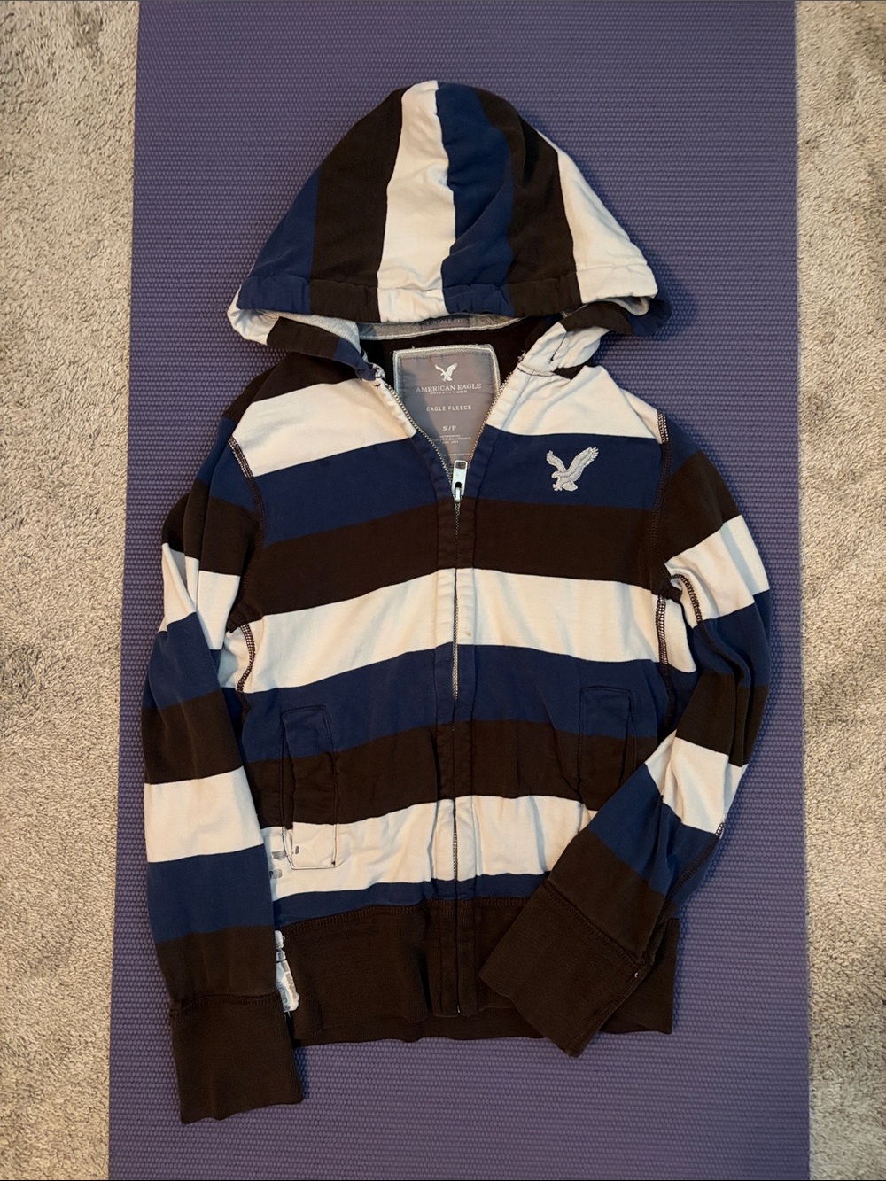 American Eagle Men’s small Blue, Brown & White Striped Zip Hoodie vintage fit
